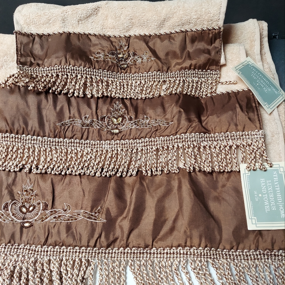 3 piece bath hand face towels fringed beige brown towels NWT
